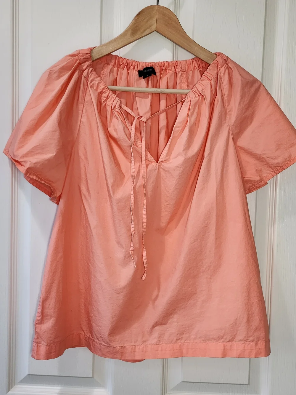 J.Crew Peach Cotton Blouse Short Sleeve Gathered Tie Neck Top Size Small